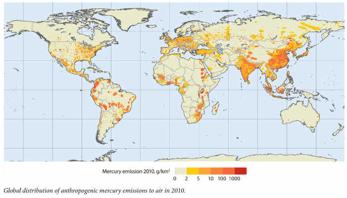 World map showing distribution of anthropogenic emissions of mercury to the air in 2010.  Visitors who use screen readers can call (202) 564-6600 and ask for the mercury team for more information about the information this map provides.