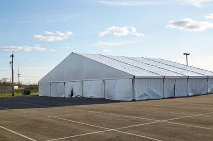 A tent housing a decontamination system in one of Battelle’s parking lots in Columbus, Ohio.