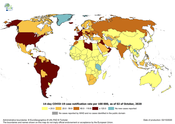 Geographic distribution of 14-day cumulative number of reported COVID-19 cases per 100 000 population, worldwide, as of 2 October 2020