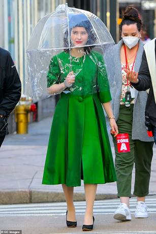 All work: Rachel Brosnahan was seen on the set of her series award-winning The Marvelous Mrs Maisel on Tuesday afternoon